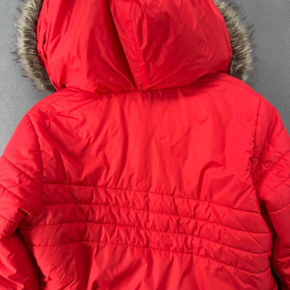 Volcom Hot Mittes Long Puffer Jacket 3/4 Length Large 14 Faux Fur Hood Red - Picture 8 of 14